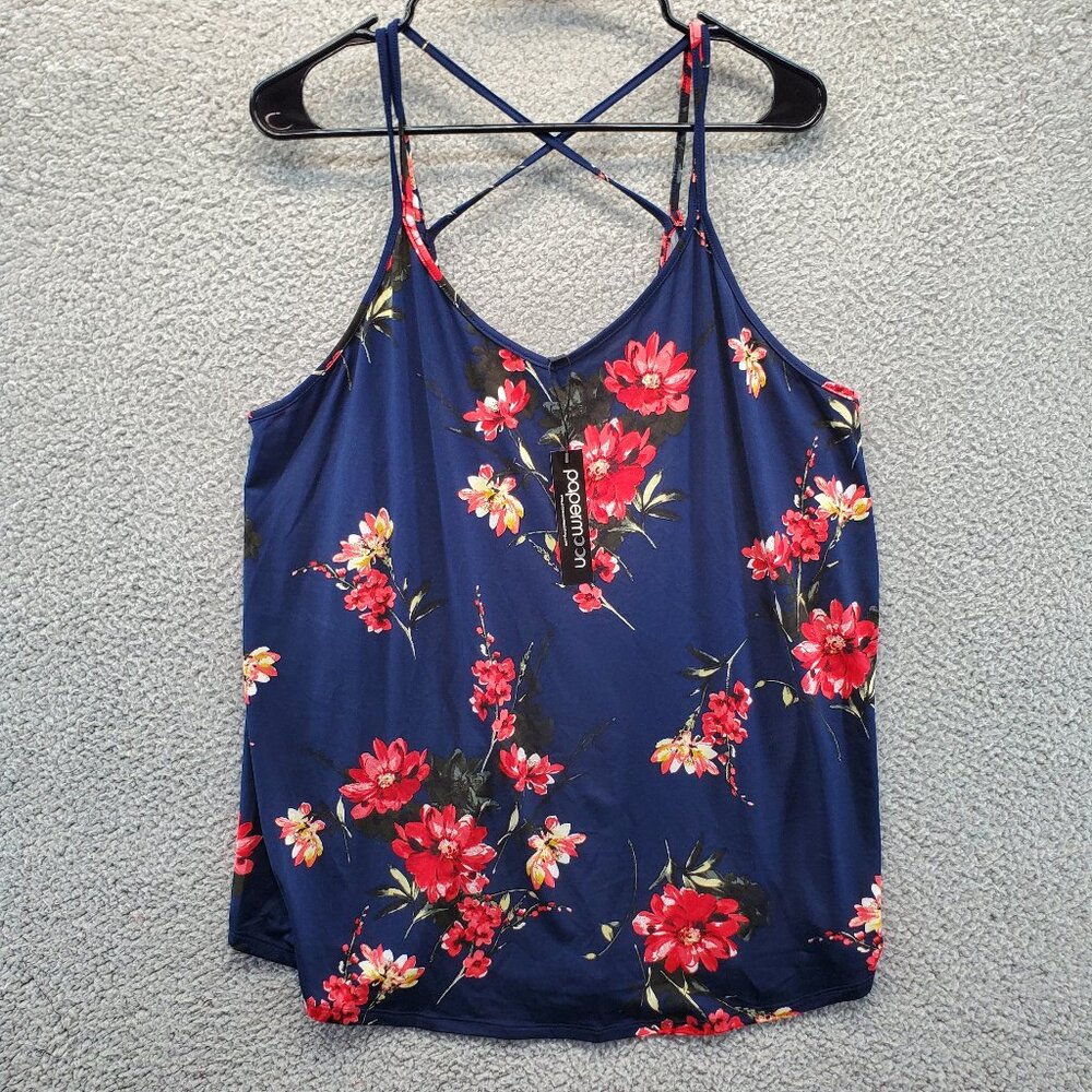 Papermoon Tank Top Blouse Women's Floral Blue Red Strappy Plus Size 2X New